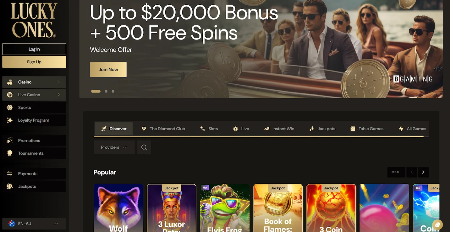 Lucky Ones casino homepage displaying welcome offer, selection of popular online pokies and site main navigation