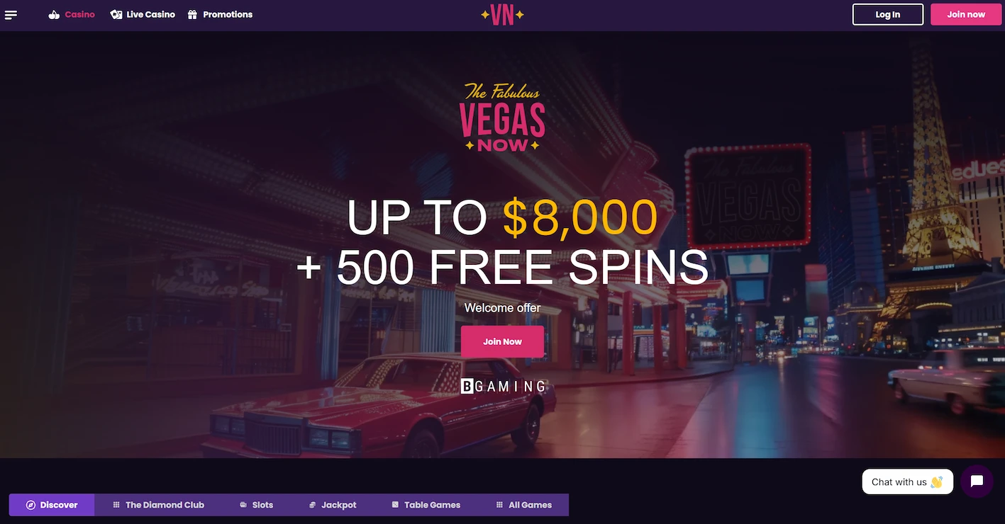 VegasNow casino homepage displaying welcome offer and site main navigation